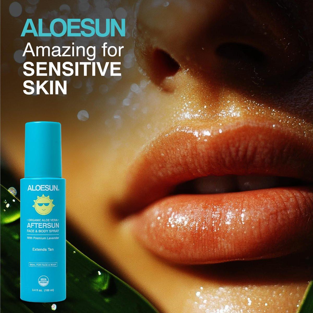 ALOESUN After Sun Gesichts- und Körperspray | Nicht klebriges Bio-Aloe Vera für Sonnenexpositionslinderung mit reinem Lavendelöl | Natürliche Aftersun-Feuchtigkeitspflege für Rötungen | Reisegröße 100 ml