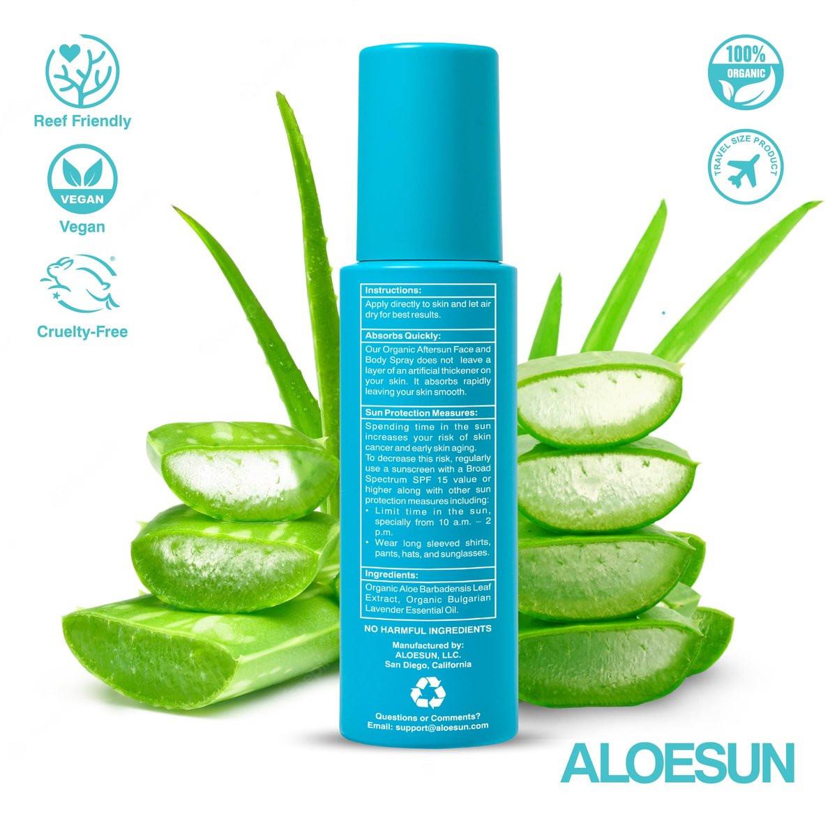 ALOESUN After Sun Gesichts- und Körperspray | Nicht klebriges Bio-Aloe Vera für Sonnenexpositionslinderung mit reinem Lavendelöl | Natürliche Aftersun-Feuchtigkeitspflege für Rötungen | Reisegröße 100 ml