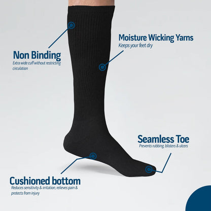 Diamond Star 6 Paar Diabetiker-Kniestrümpfe für Herren, über die Wade, nicht einschnürend, Baumwolle, Komfortpassform, Schuhgröße 42–46 (6 Paar Schwarz)