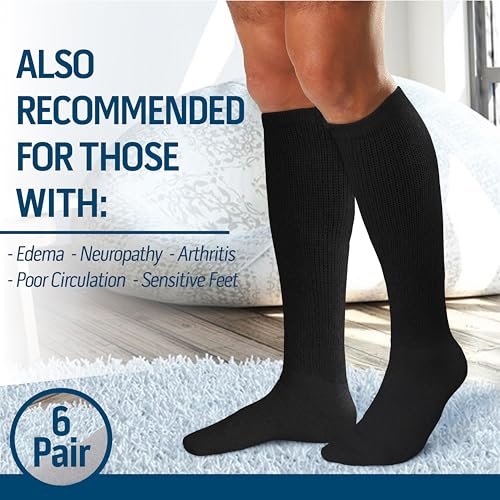 Diamond Star 6 Paar Diabetiker-Kniestrümpfe für Herren, über die Wade, nicht einschnürend, Baumwolle, Komfortpassform, Schuhgröße 42–46 (6 Paar Schwarz)