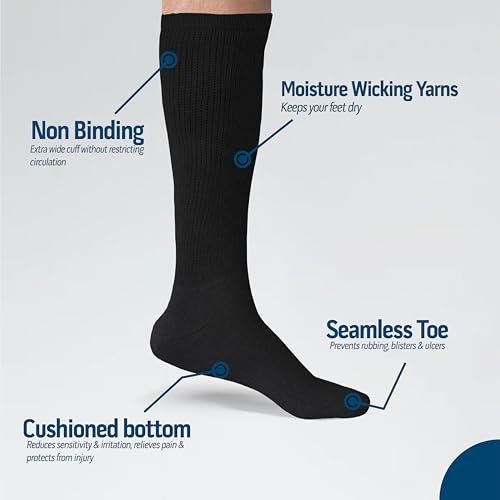 Diamond Star 6 Paar Diabetiker-Kniestrümpfe für Herren, über die Wade, nicht einschnürend, Baumwolle, Komfortpassform, Schuhgröße 42–46 (6 Paar Schwarz)