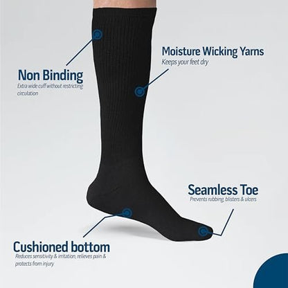 Diamond Star 6 Paar Diabetiker-Kniestrümpfe für Herren, über die Wade, nicht einschnürend, Baumwolle, Komfortpassform, Schuhgröße 42–46 (6 Paar Schwarz)