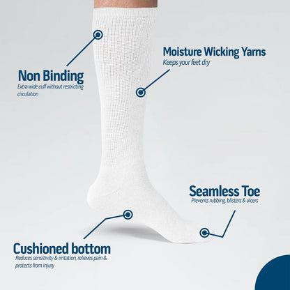 Diamond Star 6 Paar Diabetiker-Kniestrümpfe für Herren, über die Wade, nicht einschnürend, Baumwolle, Schuhgröße 9–12 (6 Paar Weiß)