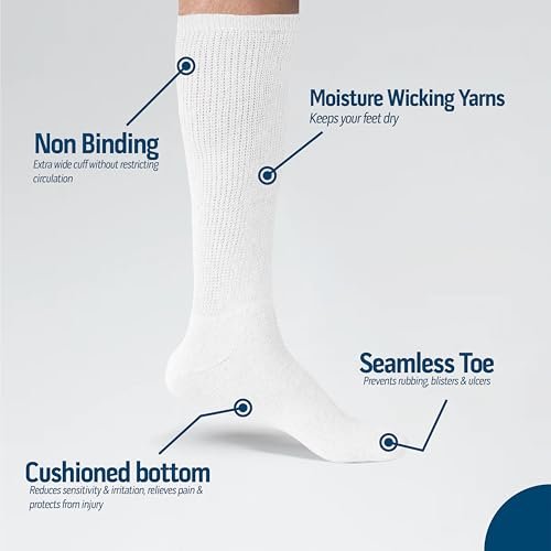 Diamond Star 6 Paar Diabetiker-Kniestrümpfe für Herren, über die Wade, nicht einschnürend, Baumwolle, Schuhgröße 9–12 (6 Paar Weiß)