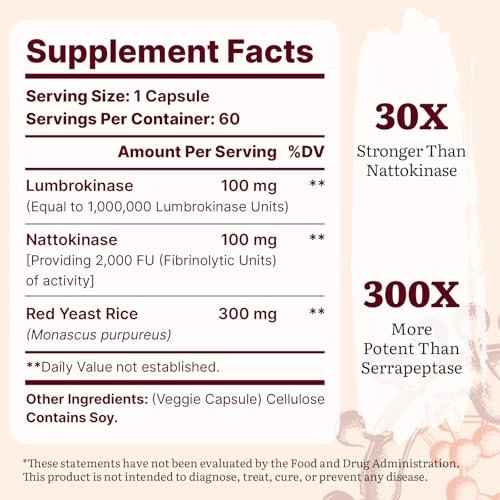 Lumbrokinase 100mg, Nattokinase 100mg & Rotschimmelreis 300mg – Hochwirksame Enzymkombination für Kreislauf & Kognition, 60 Kapseln