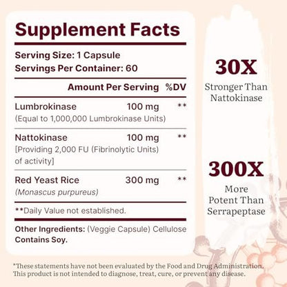 Lumbrokinase 100mg, Nattokinase 100mg & Rotschimmelreis 300mg – Hochwirksame Enzymkombination für Kreislauf & Kognition, 60 Kapseln
