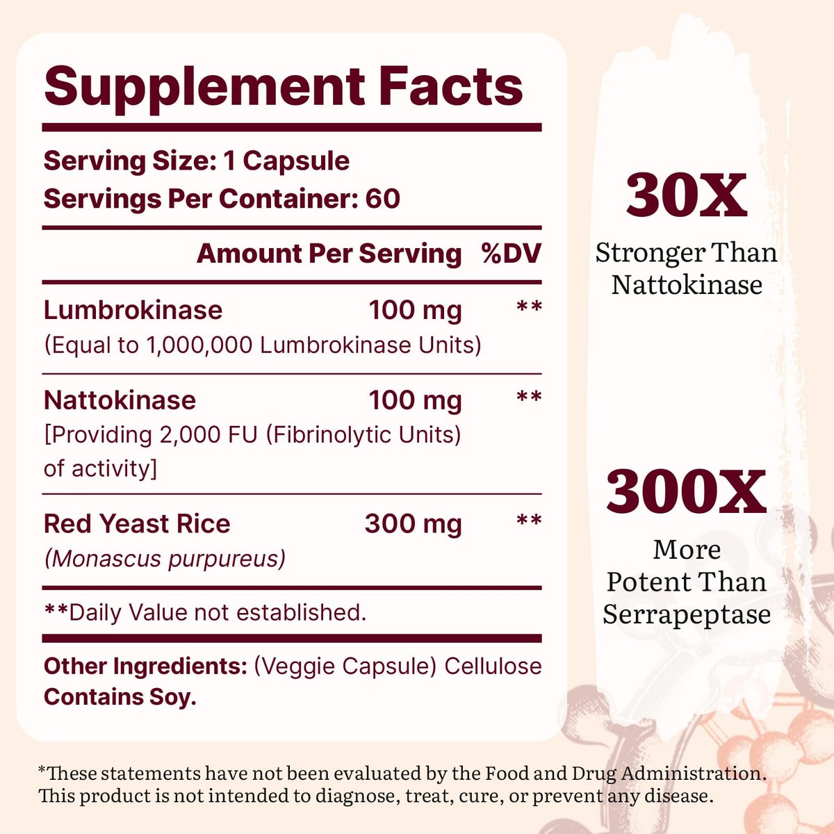 Lumbrokinase 100mg, Nattokinase 100mg & Rotschimmelreis 300mg – Hochwirksame Enzymkombination für Kreislauf & Kognition, 60 Kapseln