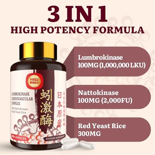 Lumbrokinase 100mg, Nattokinase 100mg & Rotschimmelreis 300mg – Hochwirksame Enzymkombination für Kreislauf & Kognition, 60 Kapseln