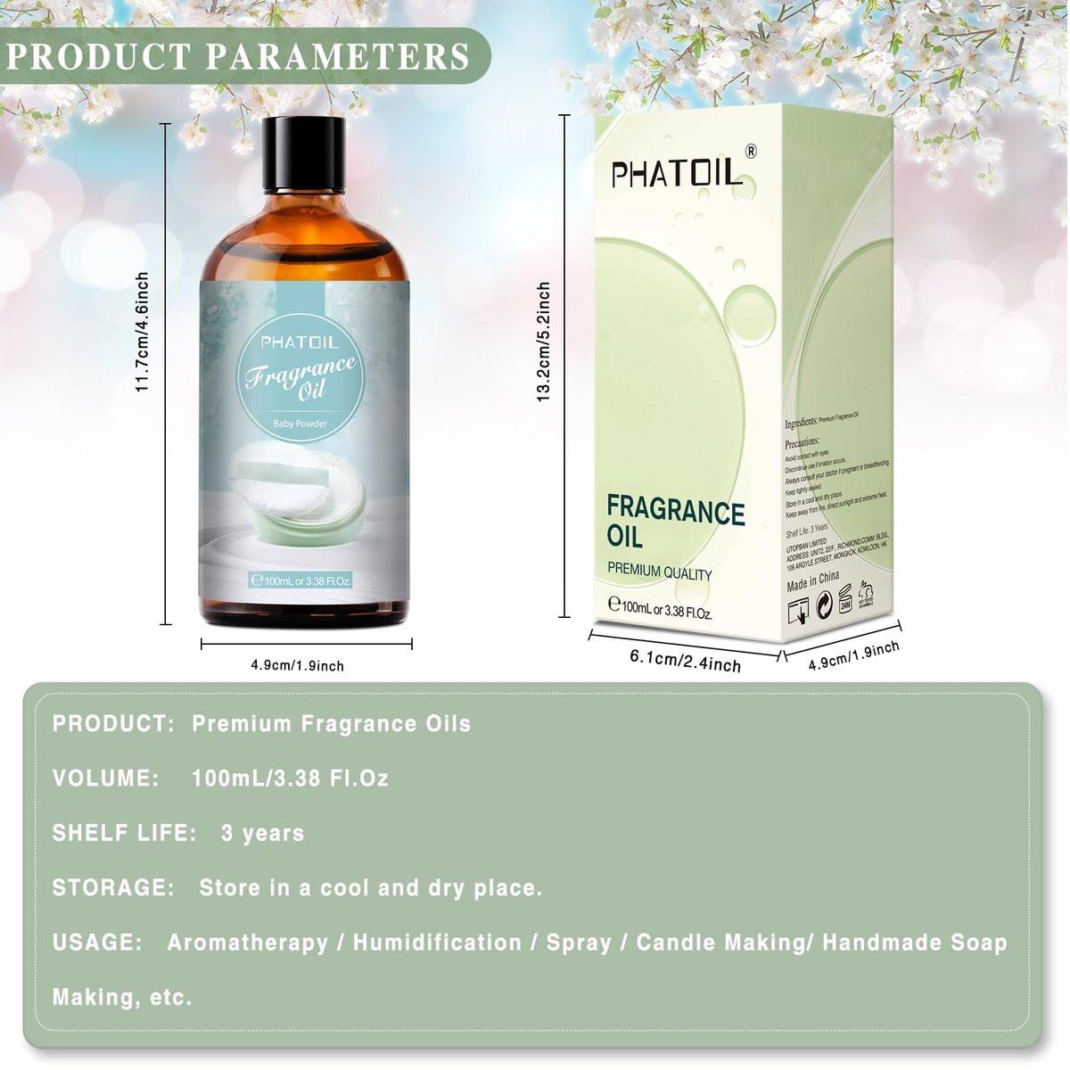 PHATOIL Babypuder Duftöl 3,38 FL.OZ – Aromatherapie-Öl für Diffuser, DIY Kerzen- & Seifenherstellung (100 ml)