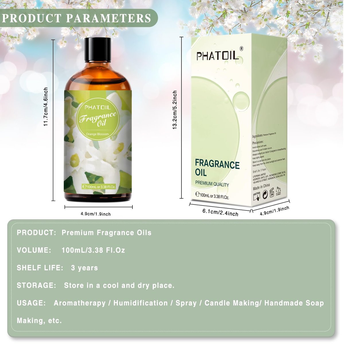 PHATOIL Orangenblüten Duftöl 100ml – 3,38 Fl Oz für Aromatherapie, Diffuser, Kerzen- und Seifenherstellung