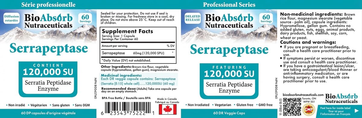 Bio Absorb Serrapeptase Supplement 120.000 SPU, Hochdosiert, Verzögerte Freisetzung, 60 Kapseln