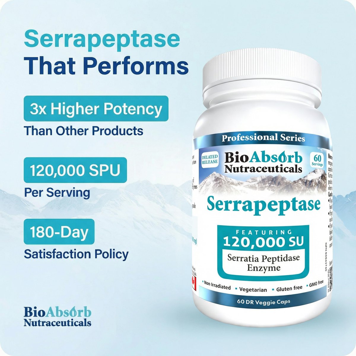 Bio Absorb Serrapeptase Supplement 120.000 SPU, Hochdosiert, Verzögerte Freisetzung, 60 Kapseln