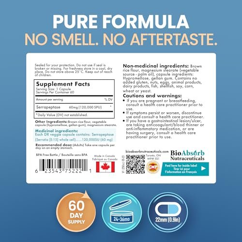 Bio Absorb Serrapeptase Supplement 120.000 SPU, Hochdosiert, Verzögerte Freisetzung, 60 Kapseln