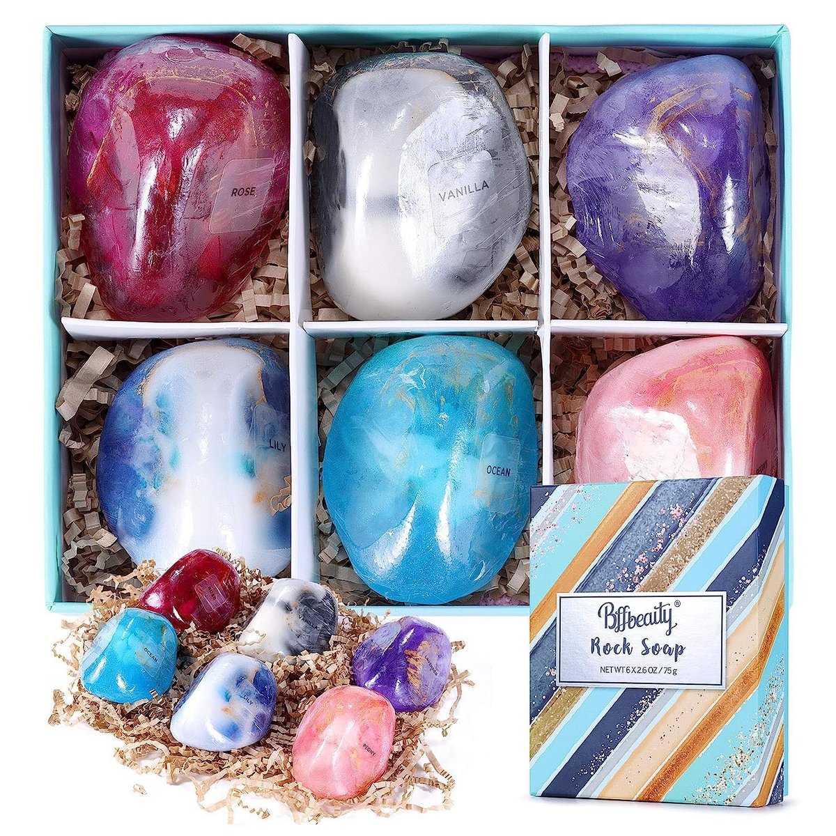Bff Beauty 6er Set Seifensteine - Hand-, Gesichts- und Körperseifen, Feuchtigkeitsspendend, Edelstein-Design, Geschenkset für Frauen und Männer