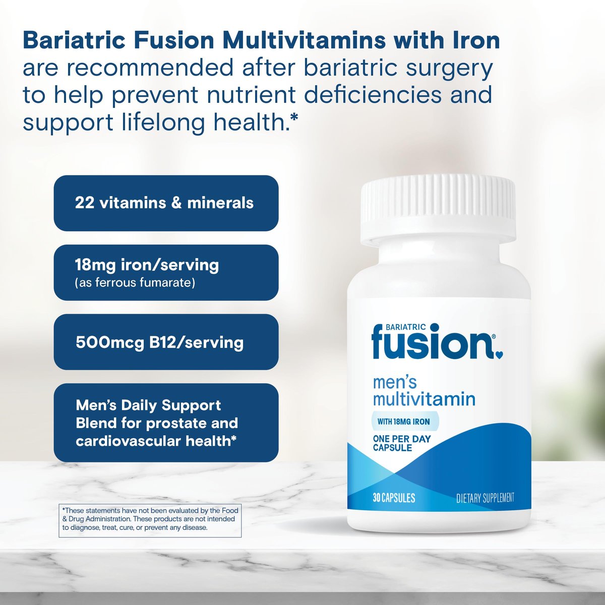Bariatric Fusion One Per Day Multivitamin mit Eisen für Männer | Prostata- und Herzunterstützung* | für Magenbypass und Schlauchmagen | 30 Kapseln | 1 Monatsvorrat