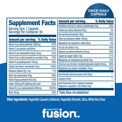 Bariatric Fusion One Per Day Multivitamin mit Eisen für Männer | Prostata- und Herzunterstützung* | für Magenbypass und Schlauchmagen | 30 Kapseln | 1 Monatsvorrat
