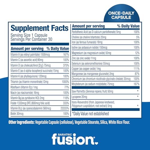 Bariatric Fusion One Per Day Multivitamin mit Eisen für Männer | Prostata- und Herzunterstützung* | für Magenbypass und Schlauchmagen | 30 Kapseln | 1 Monatsvorrat