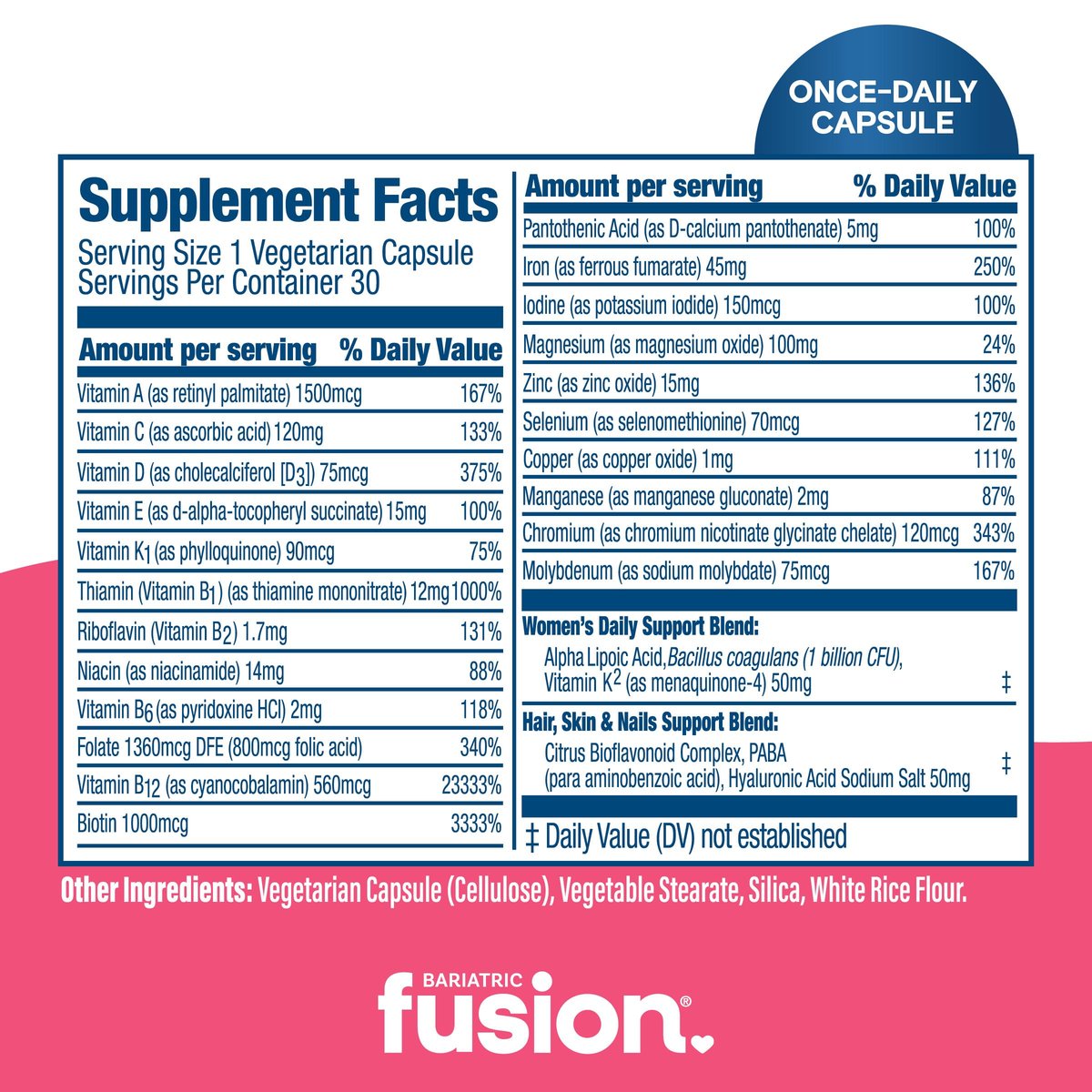 Bariatric Fusion Bariatrisches Multivitamin mit Eisen für Frauen | Haar-, Haut- und Nagelkomplex gegen Haarausfall nach bariatrischer Operation & GLP-1 | 30 Kapseln | 1-Monats-Vorrat