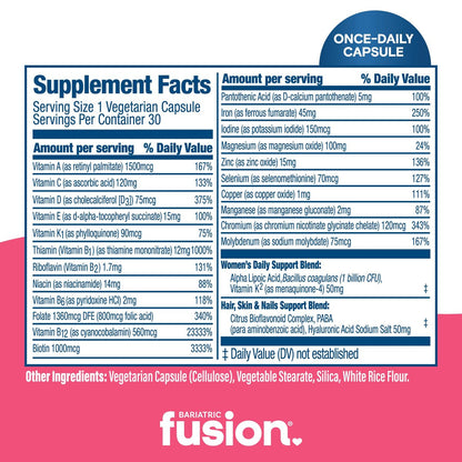 Bariatric Fusion Bariatrisches Multivitamin mit Eisen für Frauen | Haar-, Haut- und Nagelkomplex gegen Haarausfall nach bariatrischer Operation & GLP-1 | 30 Kapseln | 1-Monats-Vorrat