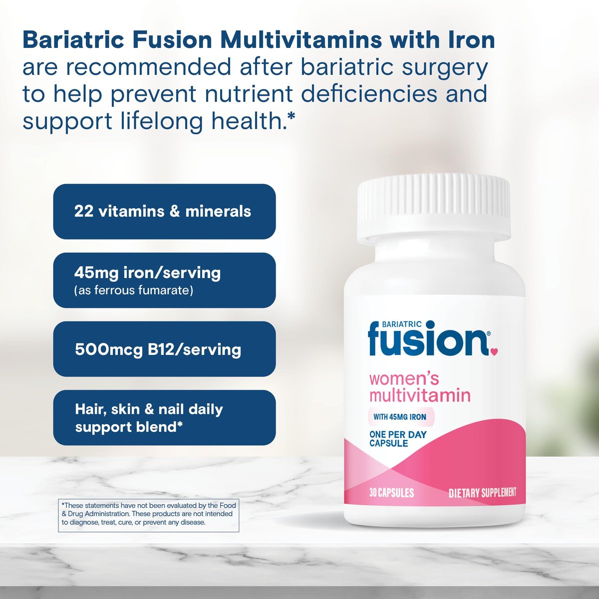 Bariatric Fusion Bariatrisches Multivitamin mit Eisen für Frauen | Haar-, Haut- und Nagelkomplex gegen Haarausfall nach bariatrischer Operation & GLP-1 | 30 Kapseln | 1-Monats-Vorrat