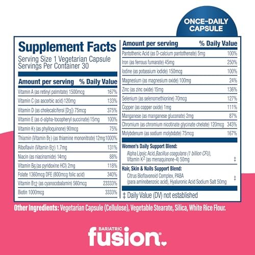 Bariatric Fusion Bariatrisches Multivitamin mit Eisen für Frauen | Haar-, Haut- und Nagelkomplex gegen Haarausfall nach bariatrischer Operation & GLP-1 | 30 Kapseln | 1-Monats-Vorrat