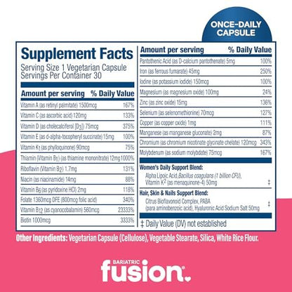 Bariatric Fusion Bariatrisches Multivitamin mit Eisen für Frauen | Haar-, Haut- und Nagelkomplex gegen Haarausfall nach bariatrischer Operation & GLP-1 | 30 Kapseln | 1-Monats-Vorrat