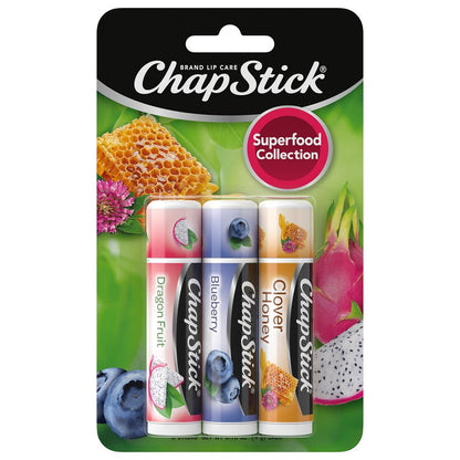 ChapStick Lippenbalsam Superfood Collection 3er-Pack – Drachenfrucht, Blaubeere & Kleehonig – Feuchtigkeitsspender für trockene Lippen, 0,15 Oz