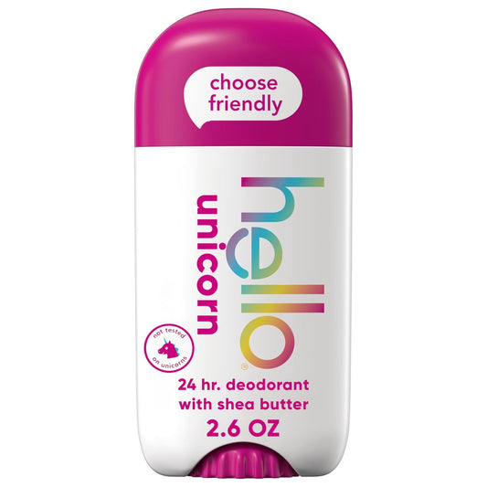 hello Unicorn Aluminiumfreies Deodorant für Frauen und Männer mit Sheabutter, 24-Stunden-Frische, Backpulverfrei, dermatologisch getestet, 2,6 oz Stick