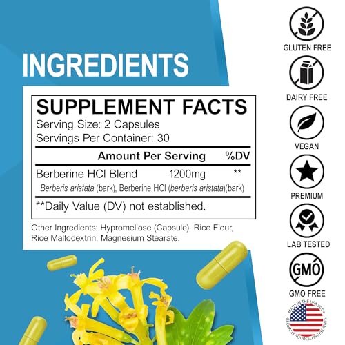 Berberin Kapseln 1200mg – Berberin HCL Nahrungsergänzung für gesunden Stoffwechsel – Premium Naturkomplex für Frauen und Männer – 60 Kapseln
