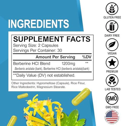 Berberin Kapseln 1200mg – Berberin HCL Nahrungsergänzung für gesunden Stoffwechsel – Premium Naturkomplex für Frauen und Männer – 60 Kapseln
