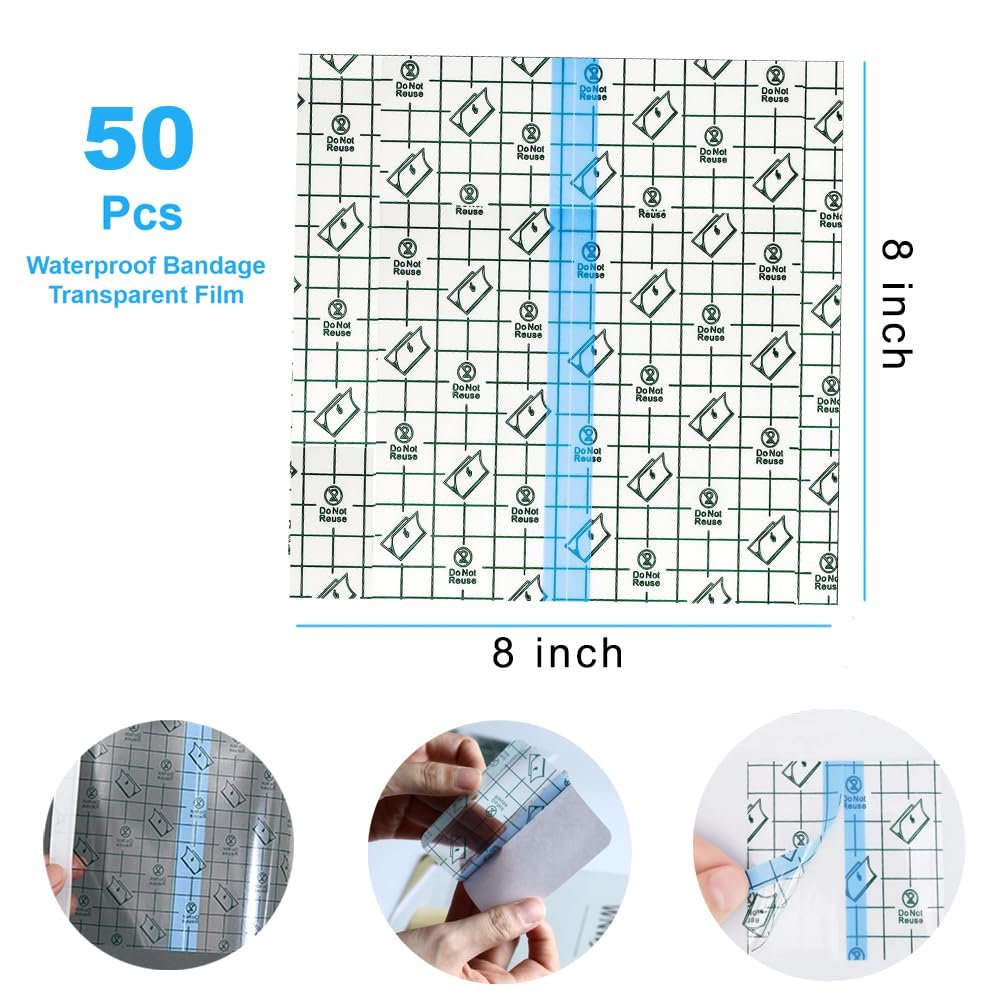 OBTANIM 50 Blatt Transparente wasserdichte dehnbare Klebeverbände – Klarsichtfolie als Tattoo-Schutz, Dusch- und Schwimmschutz (20 x 20 cm)