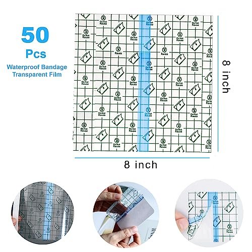 OBTANIM 50 Blatt Transparente wasserdichte dehnbare Klebeverbände – Klarsichtfolie als Tattoo-Schutz, Dusch- und Schwimmschutz (20 x 20 cm)