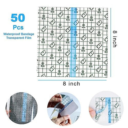 OBTANIM 50 Blatt Transparente wasserdichte dehnbare Klebeverbände – Klarsichtfolie als Tattoo-Schutz, Dusch- und Schwimmschutz (20 x 20 cm)