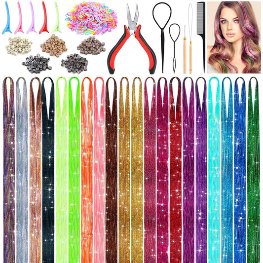 6000 Stränge Haar-Tinsel-Kit in 20 Farben – Glitzernde Tinsel-Haarverlängerung, hitzebeständig, für glänzende Haar-Extensions, Damen-Mädchen-Zubehör für Partys