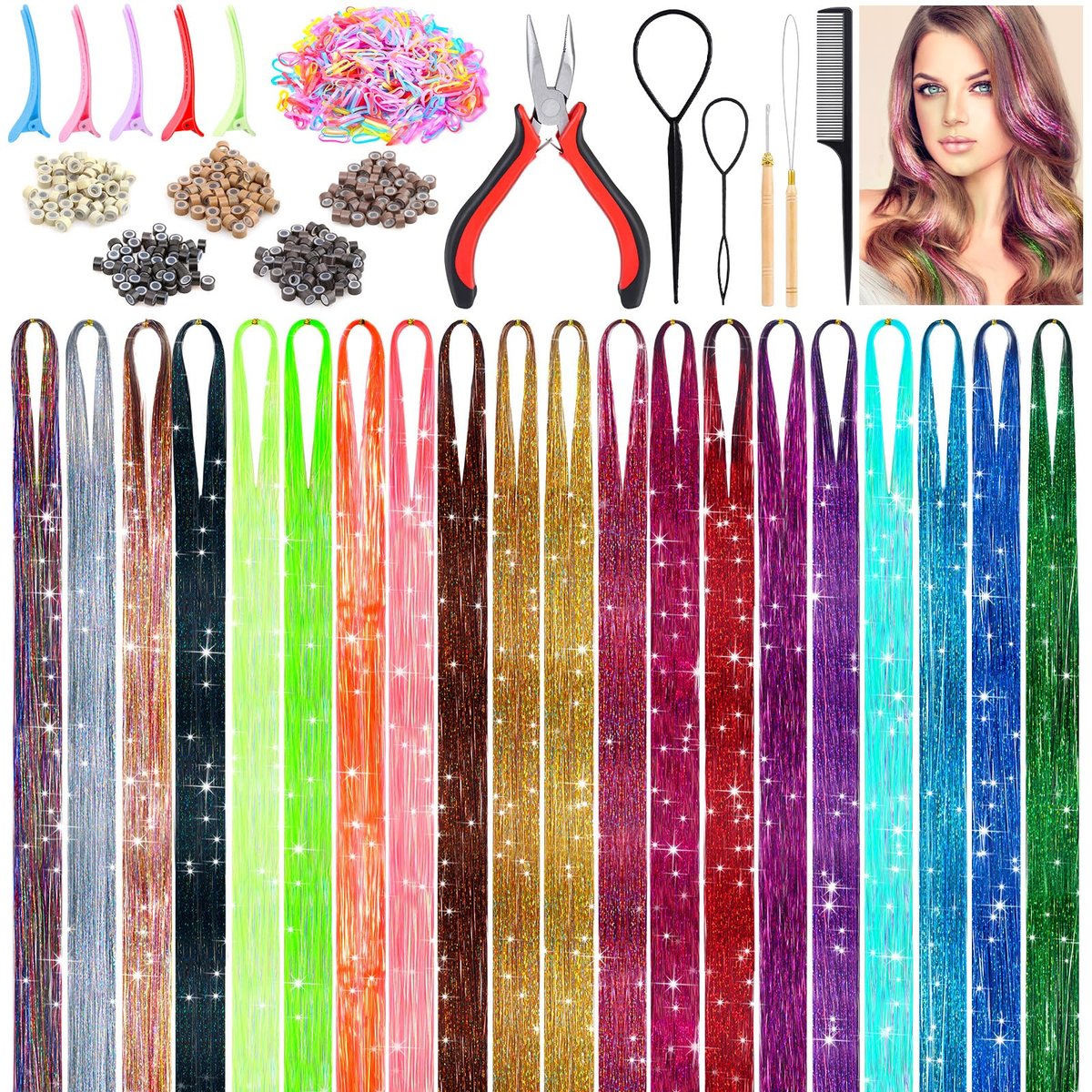 6000 Stränge Haar-Tinsel-Kit in 20 Farben – Glitzernde Tinsel-Haarverlängerung, hitzebeständig, für glänzende Haar-Extensions, Damen-Mädchen-Zubehör für Partys