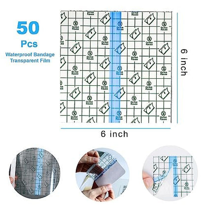OBTANIM 50 Blatt Transparente Wasserfeste Dehnbare Klebebinde, Klare Folienabdeckung für Tattoo, Dusche, Schwimmschutz (15 x 15 cm)