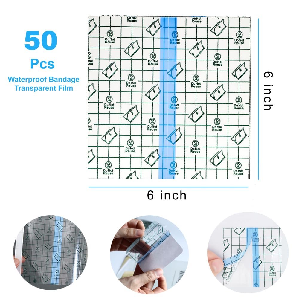 OBTANIM 50 Blatt Transparente Wasserfeste Dehnbare Klebebinde, Klare Folienabdeckung für Tattoo, Dusche, Schwimmschutz (15 x 15 cm)