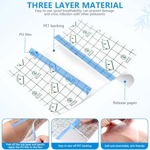OBTANIM 50 Blatt Transparente, wasserdichte dehnbare Klebebinde – Klarsichtfolie für Tattoo, Dusche und Schwimmen (10 x 10 cm)