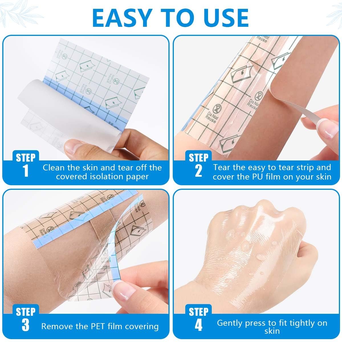 OBTANIM 50 Blatt Transparente, wasserdichte dehnbare Klebebinde – Klarsichtfolie für Tattoo, Dusche und Schwimmen (10 x 10 cm)