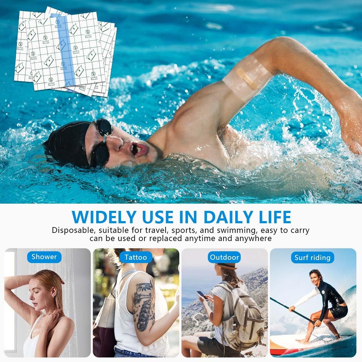 OBTANIM 50 Blatt Transparente, wasserdichte dehnbare Klebebinde – Klarsichtfolie für Tattoo, Dusche und Schwimmen (10 x 10 cm)