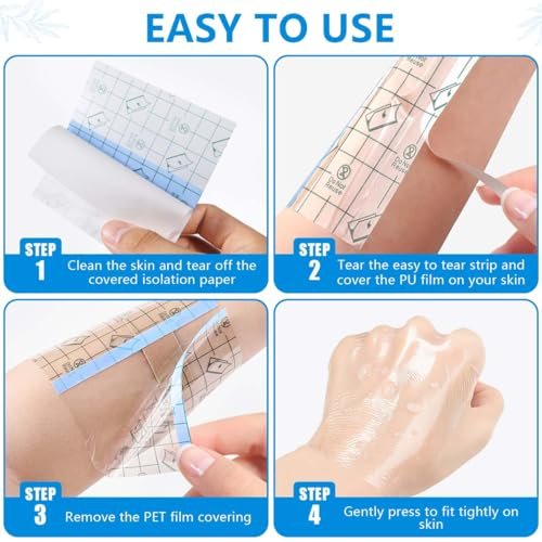 OBTANIM 50 Blatt Transparente, wasserdichte dehnbare Klebebinde – Klarsichtfolie für Tattoo, Dusche und Schwimmen (10 x 10 cm)