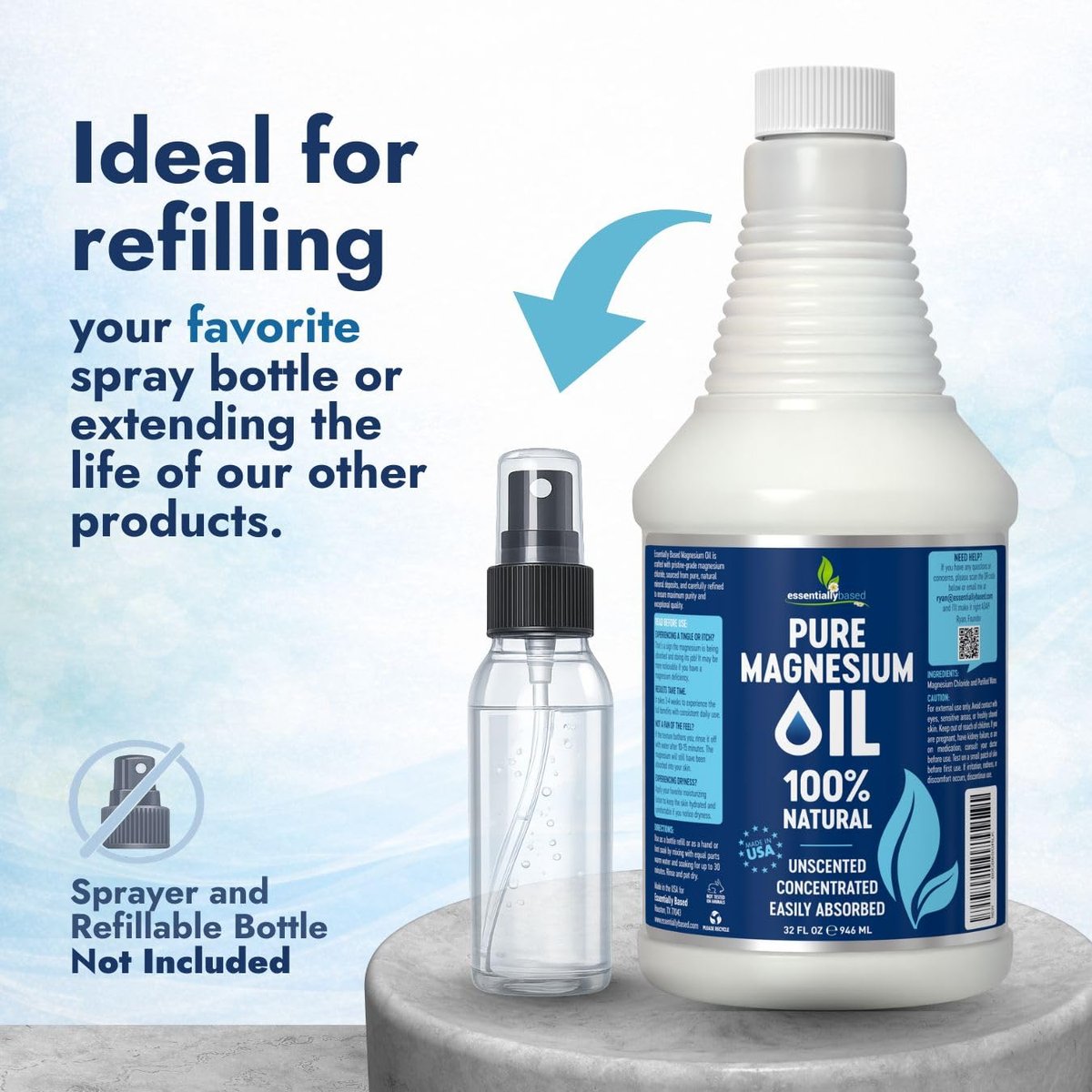 Reines Magnesium Öl Spray 946 ml - Topisches Magnesium Spray für Schlaf & Füße - Extra Stark - USP-Qualität - 100% natürlich & organisch für Muskelkater & Krämpfe - Ohne Sprühkopf - Hergestellt in den USA