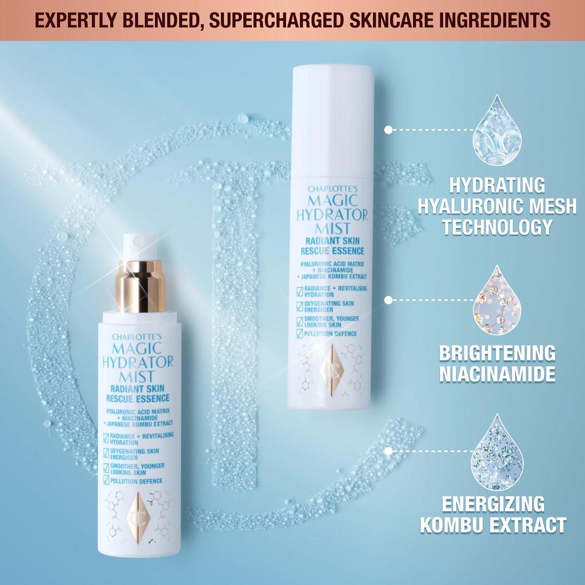 Charlotte Tilbury Magic Hydrator Face Mist - Feuchtigkeitsspray für sofortigen, strahlenden Glow - Optimiert die Aufnahme von Pflegeprodukten, belebt den Teint und hinterlässt sichtbar strahlende Haut