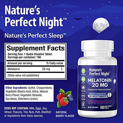 Nature's Perfect Night | Melatonin 20 mg | 180 schnell lösliche Tabletten, 2er-Pack | Natürlicher Beerenmix-Geschmack | Hochwirksam | Zuckerfrei | Vegan | Glutenfrei