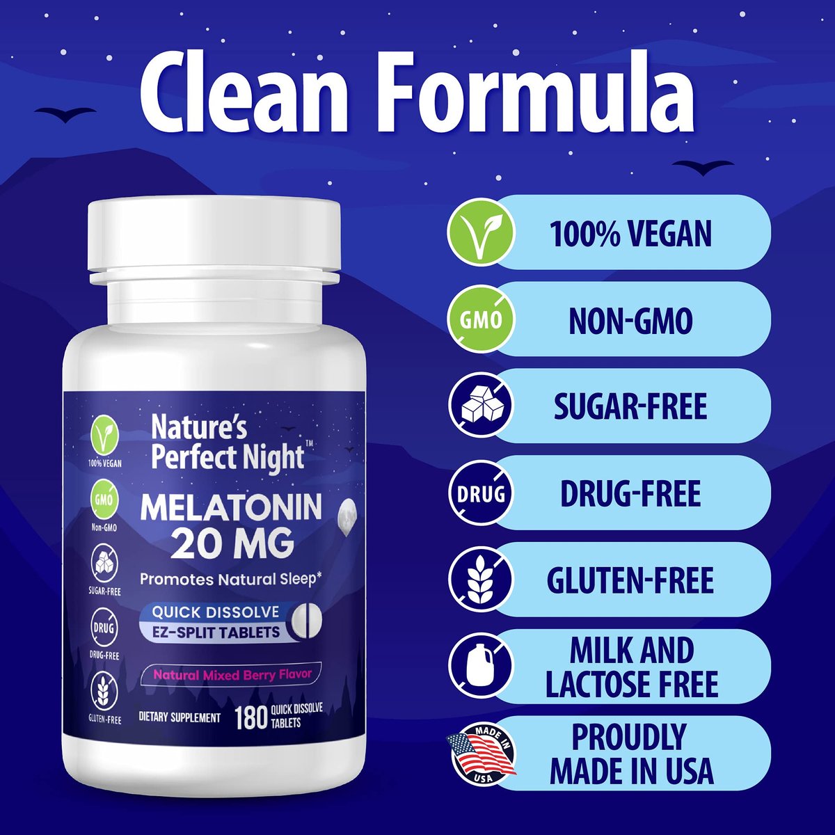 Nature's Perfect Night | Melatonin 20 mg | 180 schnell lösliche Tabletten, 2er-Pack | Natürlicher Beerenmix-Geschmack | Hochwirksam | Zuckerfrei | Vegan | Glutenfrei