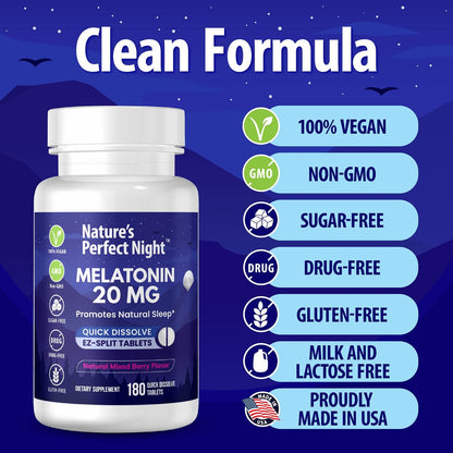 Nature's Perfect Night | Melatonin 20 mg | 180 schnell lösliche Tabletten, 2er-Pack | Natürlicher Beerenmix-Geschmack | Hochwirksam | Zuckerfrei | Vegan | Glutenfrei