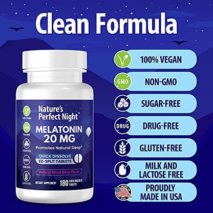 Nature's Perfect Night | Melatonin 20 mg | 180 schnell lösliche Tabletten, 2er-Pack | Natürlicher Beerenmix-Geschmack | Hochwirksam | Zuckerfrei | Vegan | Glutenfrei