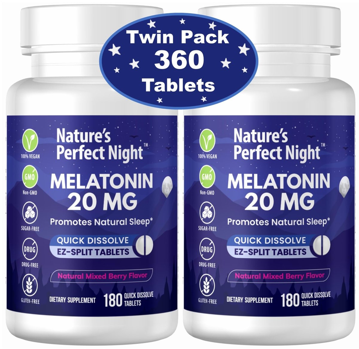 Nature's Perfect Night | Melatonin 20 mg | 180 schnell lösliche Tabletten, 2er-Pack | Natürlicher Beerenmix-Geschmack | Hochwirksam | Zuckerfrei | Vegan | Glutenfrei