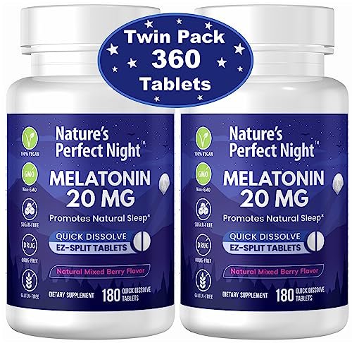 Nature's Perfect Night | Melatonin 20 mg | 180 schnell lösliche Tabletten, 2er-Pack | Natürlicher Beerenmix-Geschmack | Hochwirksam | Zuckerfrei | Vegan | Glutenfrei