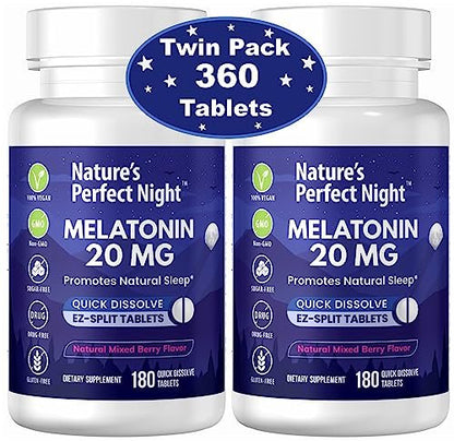 Nature's Perfect Night | Melatonin 20 mg | 180 schnell lösliche Tabletten, 2er-Pack | Natürlicher Beerenmix-Geschmack | Hochwirksam | Zuckerfrei | Vegan | Glutenfrei